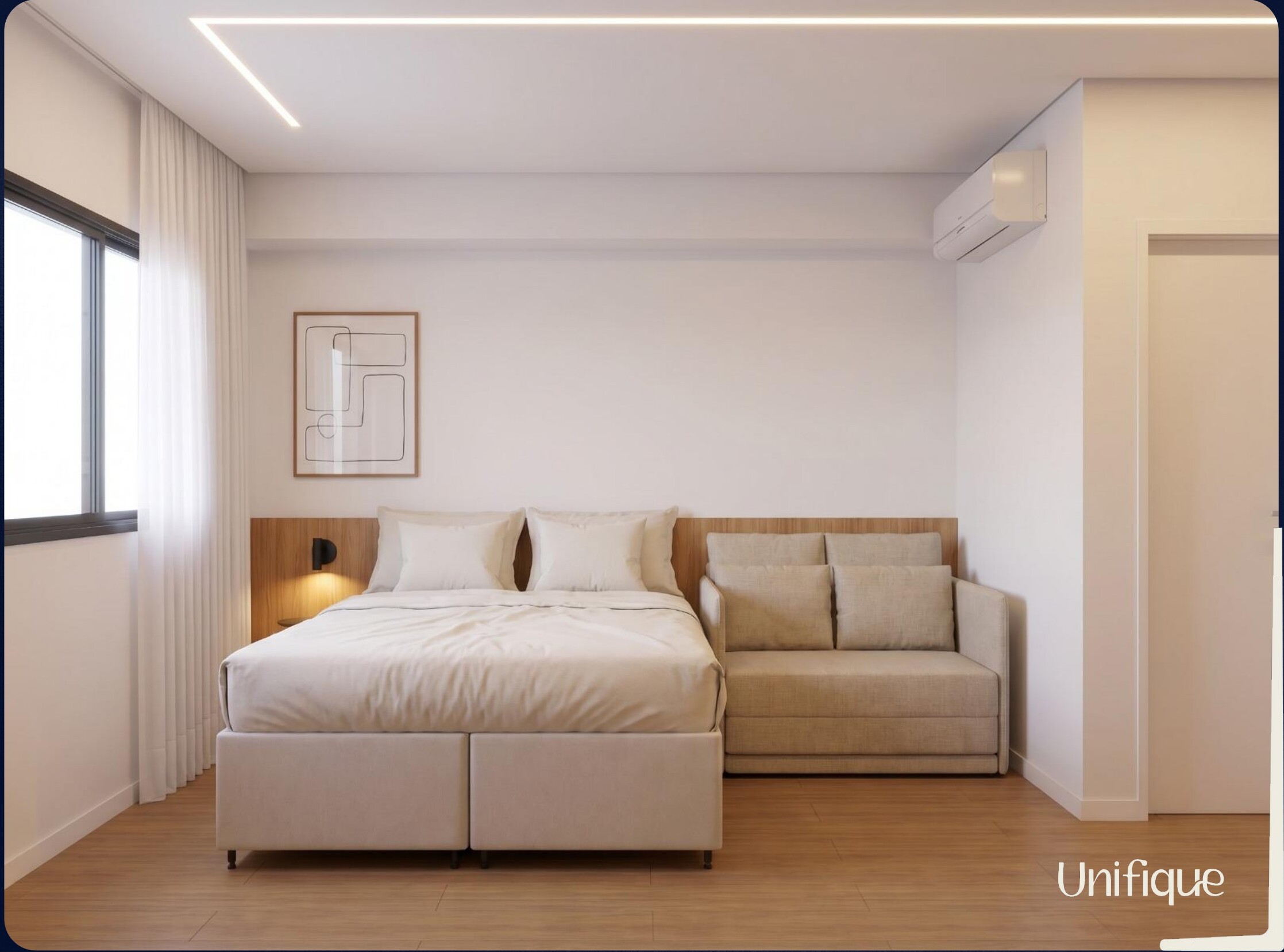 Dormitório com cama e poltrona bege
