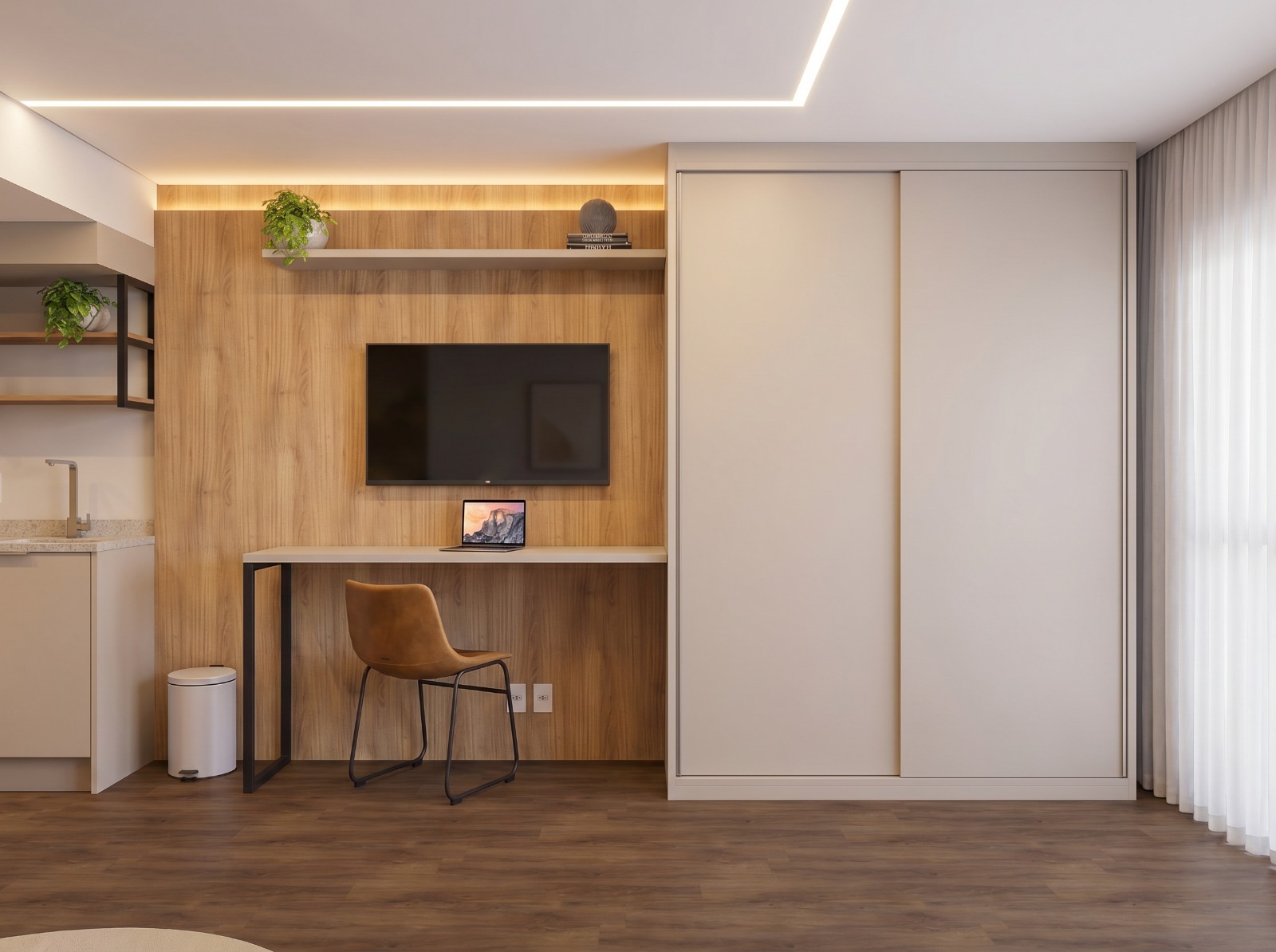 Cozinha integrada com marcenaria sob medida em madeira clara, prateleiras abertas e workspace